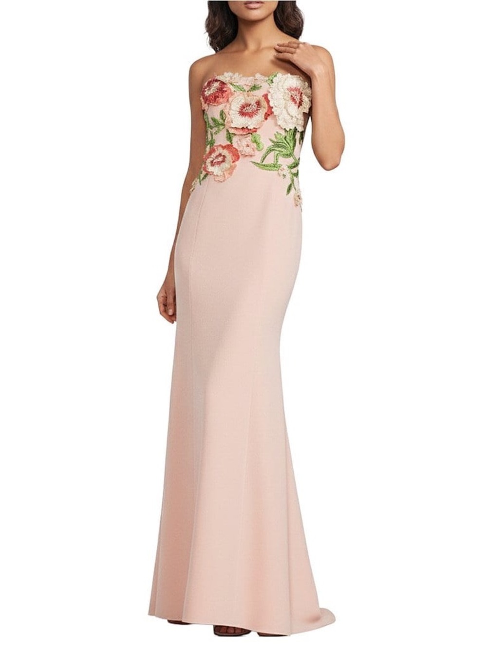 Marchesa Strapless Blush Pink Gown with Floral Embroidery